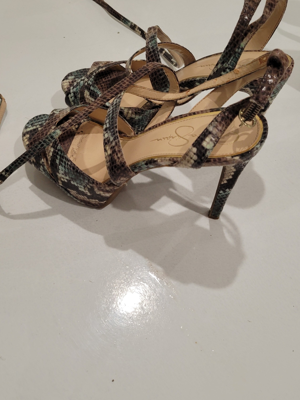 Jessica Simpson Snake-Print Strappy High Heel Sandals - Green/Tan